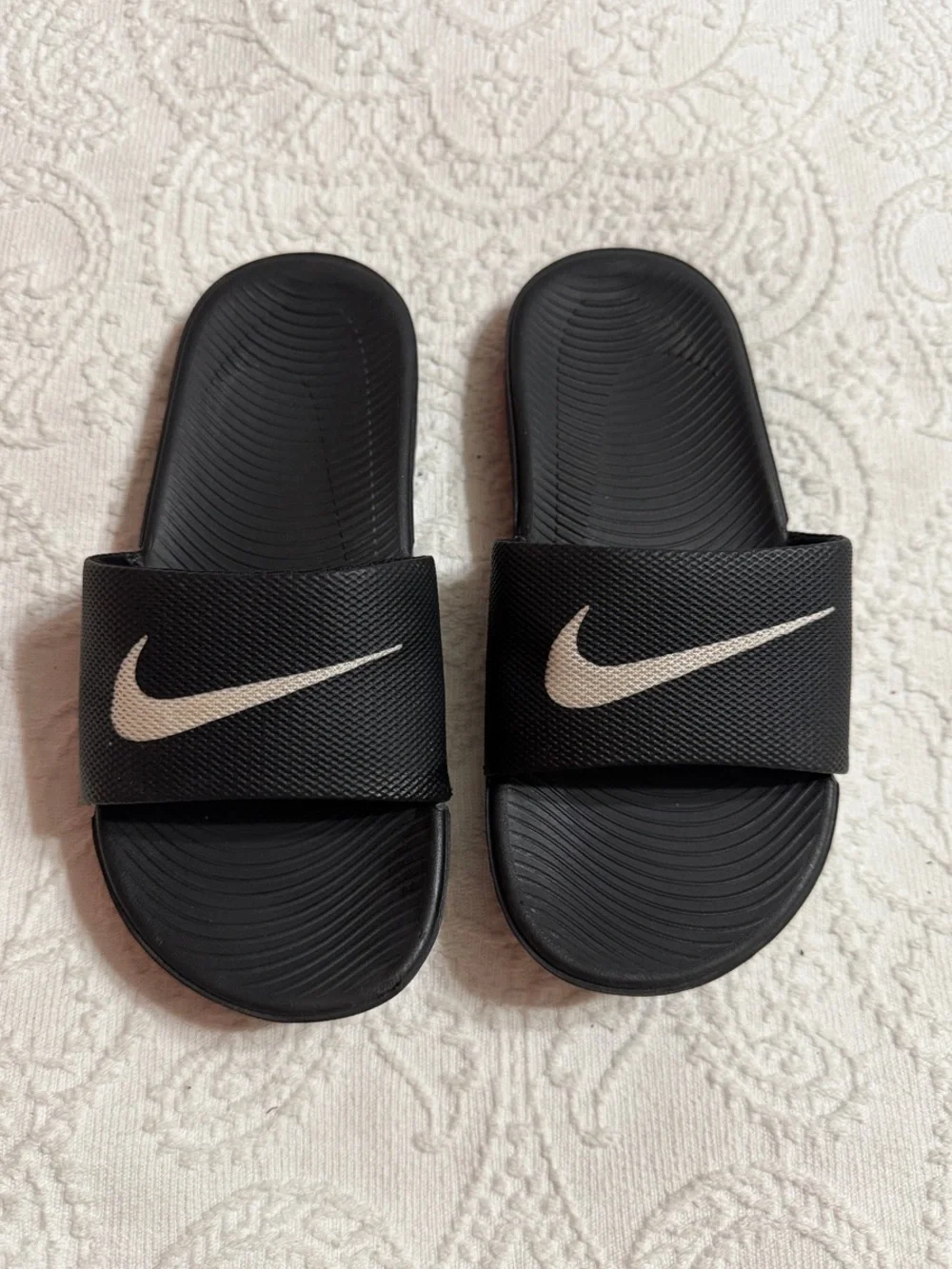 Kids Size 13C Nike Black Slides with White Swoosh Logos